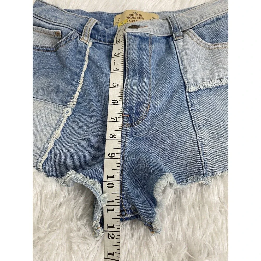 Hollister Blue Denim Vintage Shorts Size 28 Womens High Rise Cut Off Color Block